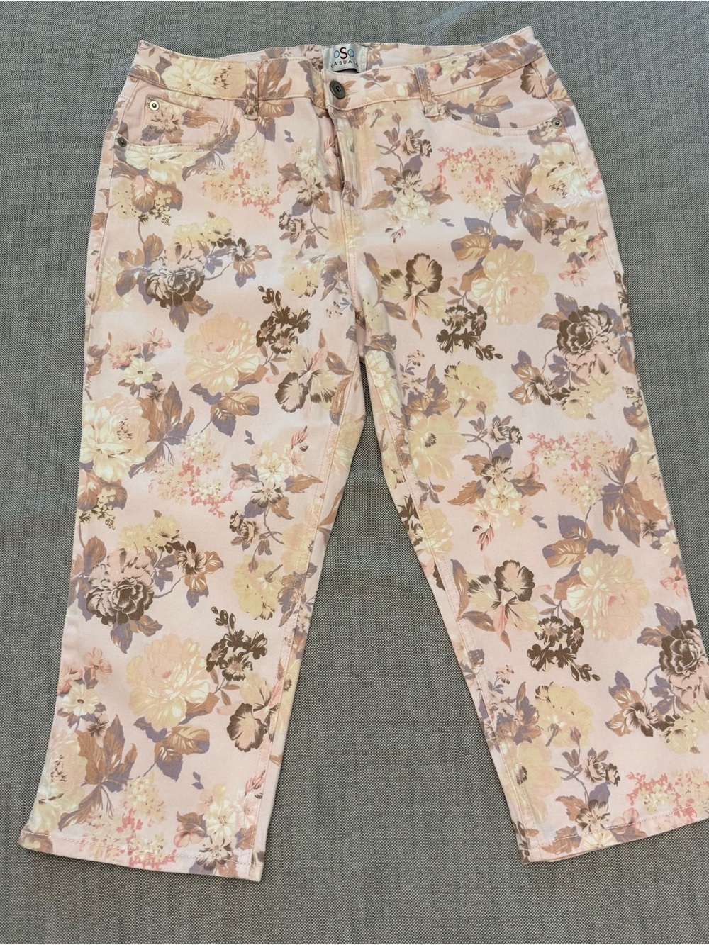 OSO Casuals. Pink Floral Cropped Women’s Jeans with Beige & Brown Floral Print